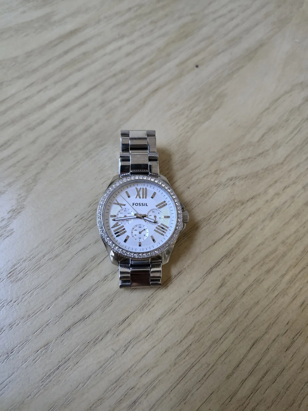 Fossil Silver and White Crystal-Accented Stainless Steel Watch